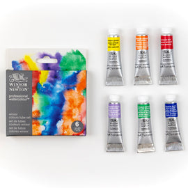 Set of Winsor & Newton watercolor paint tubes with packaging on a white background