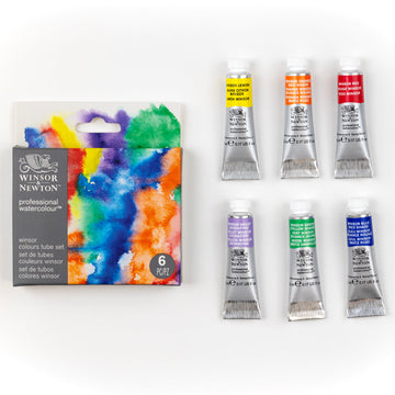 Set of Winsor & Newton watercolor paint tubes with packaging on a white background