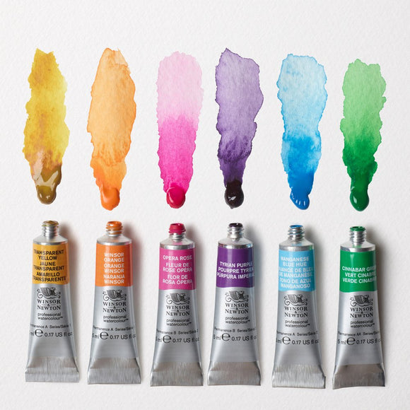 Set of Winsor & Newton watercolor paint tubes with color swatches on a white background