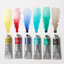 Set of Winsor & Newton watercolor paint tubes with color swatches on a white background