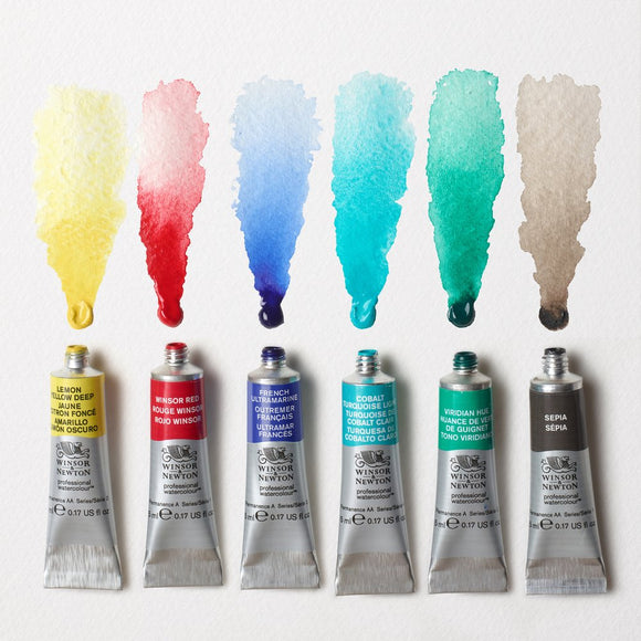 Set of Winsor & Newton watercolor paint tubes with color swatches on a white background