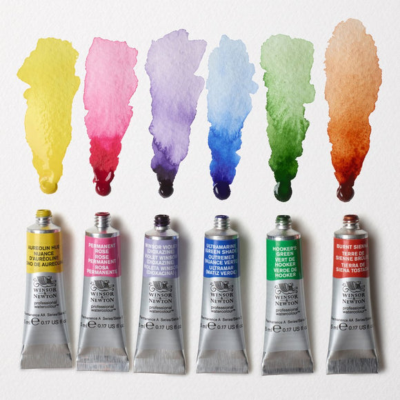 Set of Winsor & Newton watercolor paint tubes with color swatches on a white background