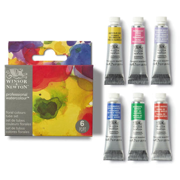 Winsor & Newton watercolor paint set with six tubes on a white background