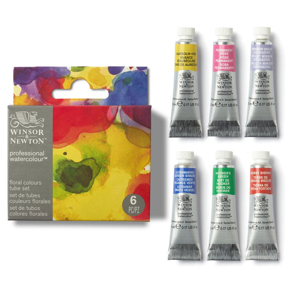 Winsor & Newton watercolor paint set with six tubes on a white background