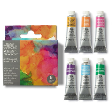 Set of Winsor & Newton watercolor paint tubes with packaging on a white background
