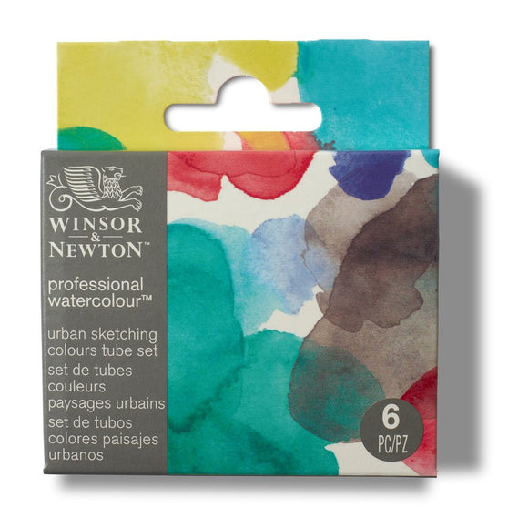 Winsor & Newton watercolor set packaging with colorful abstract design on a white background
