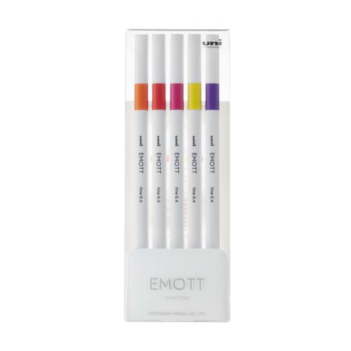 Set of 5 uni-ball - EMOTT Fine Liner Pens & stand - Passion No2