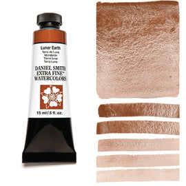 Daniel Smith Extra Fine Watercolors tube with swatches of Lunar Earth color on a white background