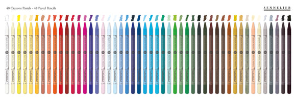 Set of colored pencils in various colors displayed in a grid.