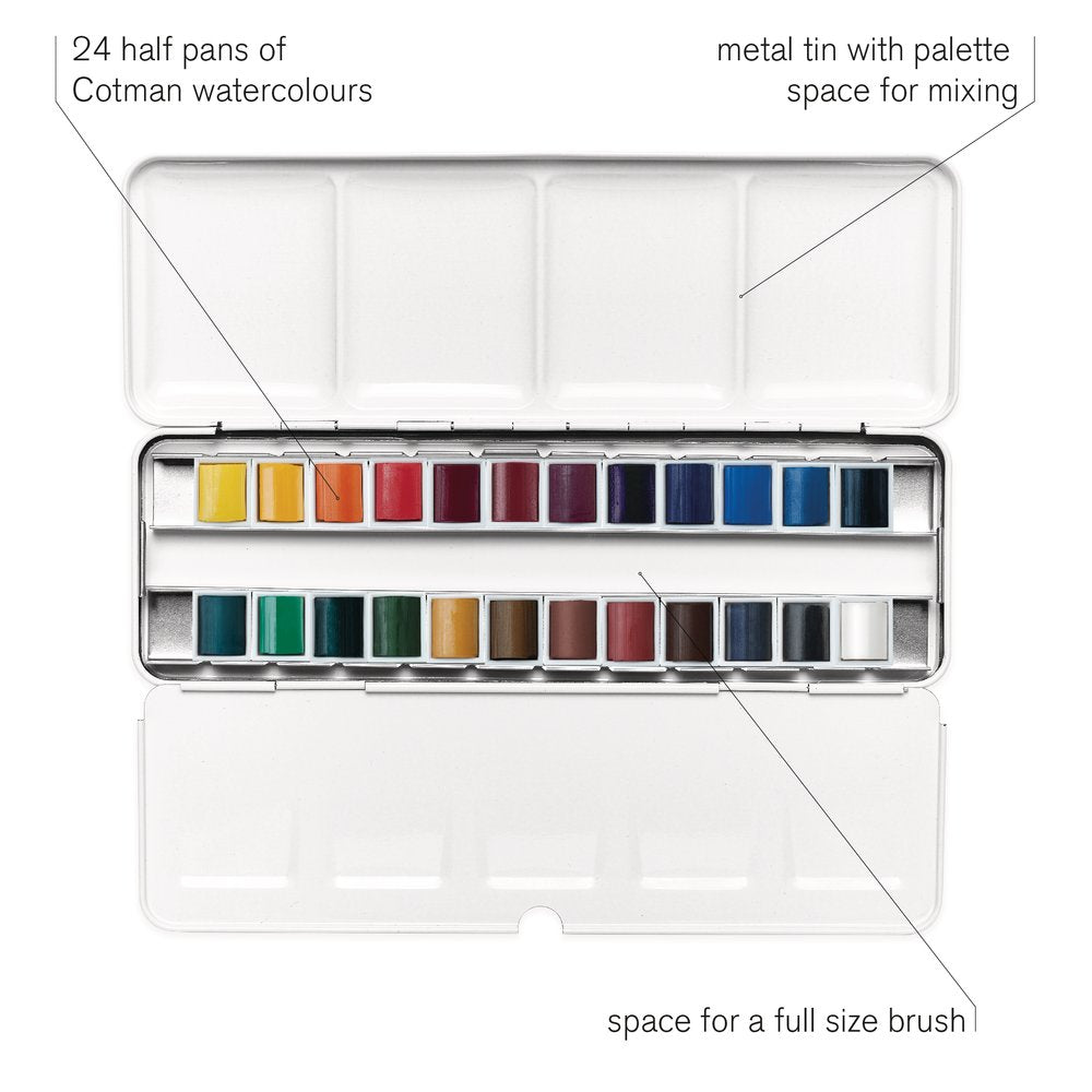 Winsor & Newton Watercolour Paint Cotman 24 Half Pan Metal Box set
