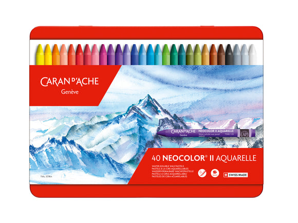 Caran d'Ache Neocolor II Aquarelle watercolor crayon set with mountain design on the packaging.