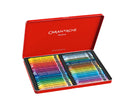 Set of Caran d'Ache colored pencils in a red tin on a white background