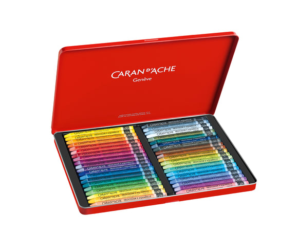 Set of Caran d'Ache colored pencils in a red tin on a white background