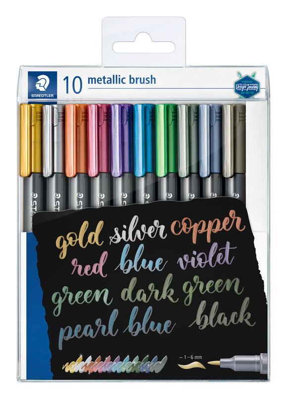 Pack of 10 metallic brush pens with color names on a white background