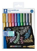 Pack of Staedtler metallic pens with a decorative pen on a white background