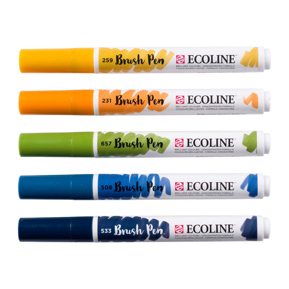 Five Ecoline brush pens in different colors on a white background