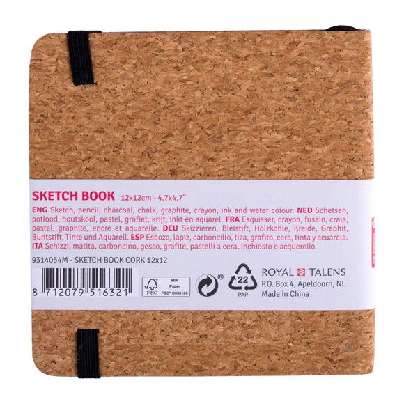Cork sketchbook with label and branding on a white background
