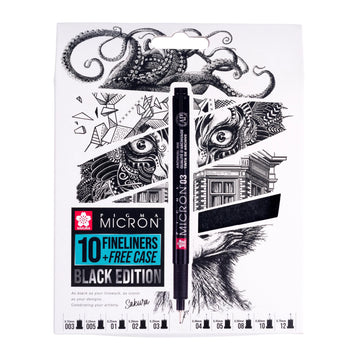 Pigma Micron fineliner set with black edition packaging featuring artistic illustrations.