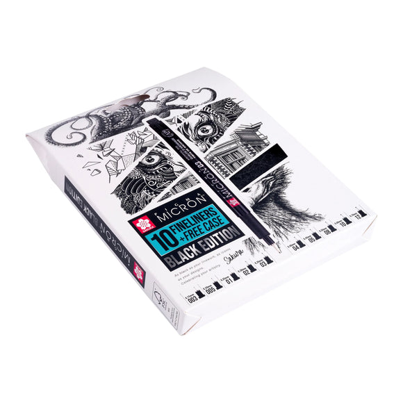 Box of Micron black liner pens with artistic illustrations on a white background