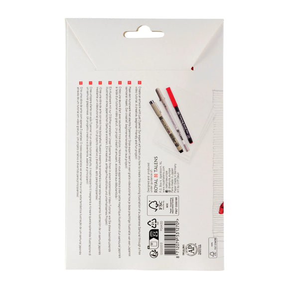 Back view of a packaging for pens with text and branding on a white background