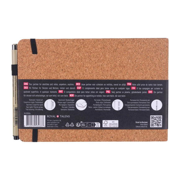 Cork notebook with black label on a white background