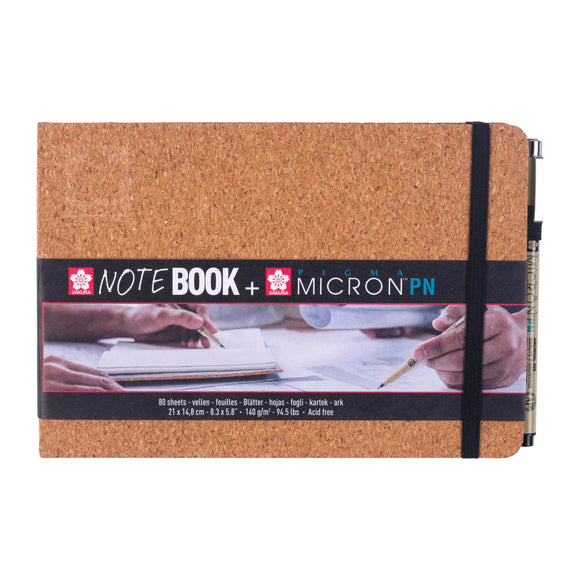 Cork-bound notebook with a black strap and Sakura branding on a white background