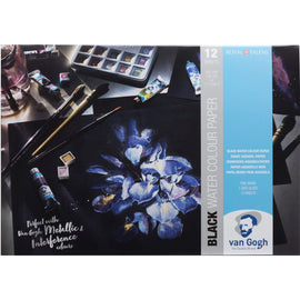 Van Gogh black watercolor paper set with painting and art supplies on a table.