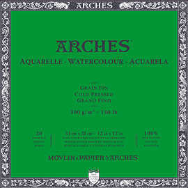 Arches 100% Cotton 300 gsm Watercolour Paper Cold Pressed  x 12 sheet Block 20 x 20 cm