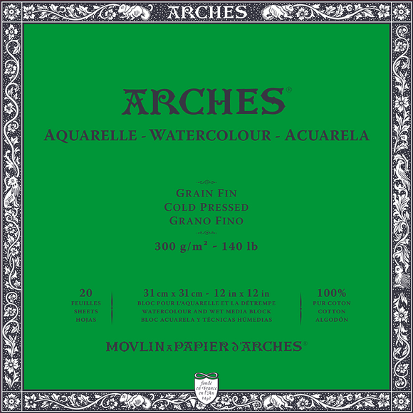 Arches 100% Cotton 300 gsm Watercolour Paper Cold Pressed  x 12 sheet Block 20 x 20 cm