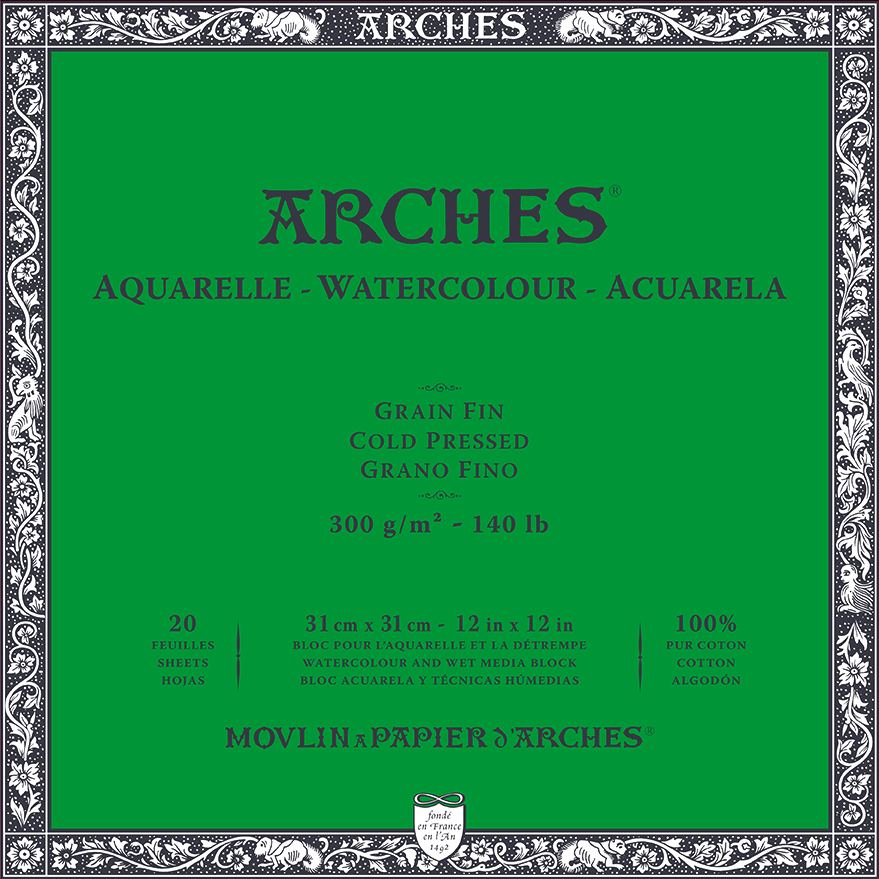 Arches 100% Cotton 300 gsm Watercolour Paper Cold Pressed  x 12 sheet Block 20 x 20 cm