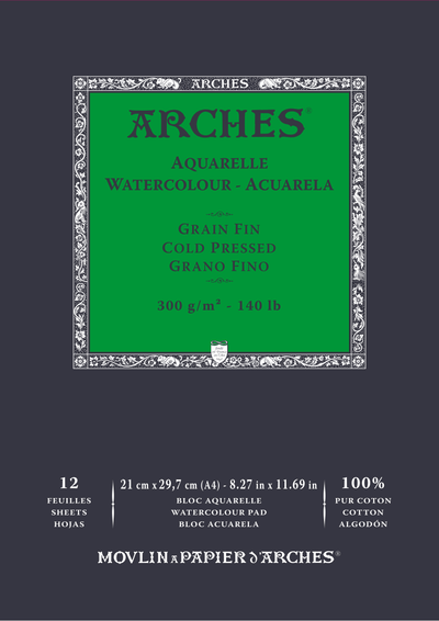 Arches 100% Cotton 300 gsm Watercolour Paper Cold Pressed Satine x 12 sheets - A4 21 x 29 7 cm (8.27 x 11.69 inches ) 