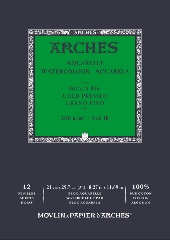 Arches 100% Cotton 300 gsm Watercolour Paper Cold Pressed Satine x 12 sheets - A4 21 x 29 7 cm (8.27 x 11.69 inches ) 