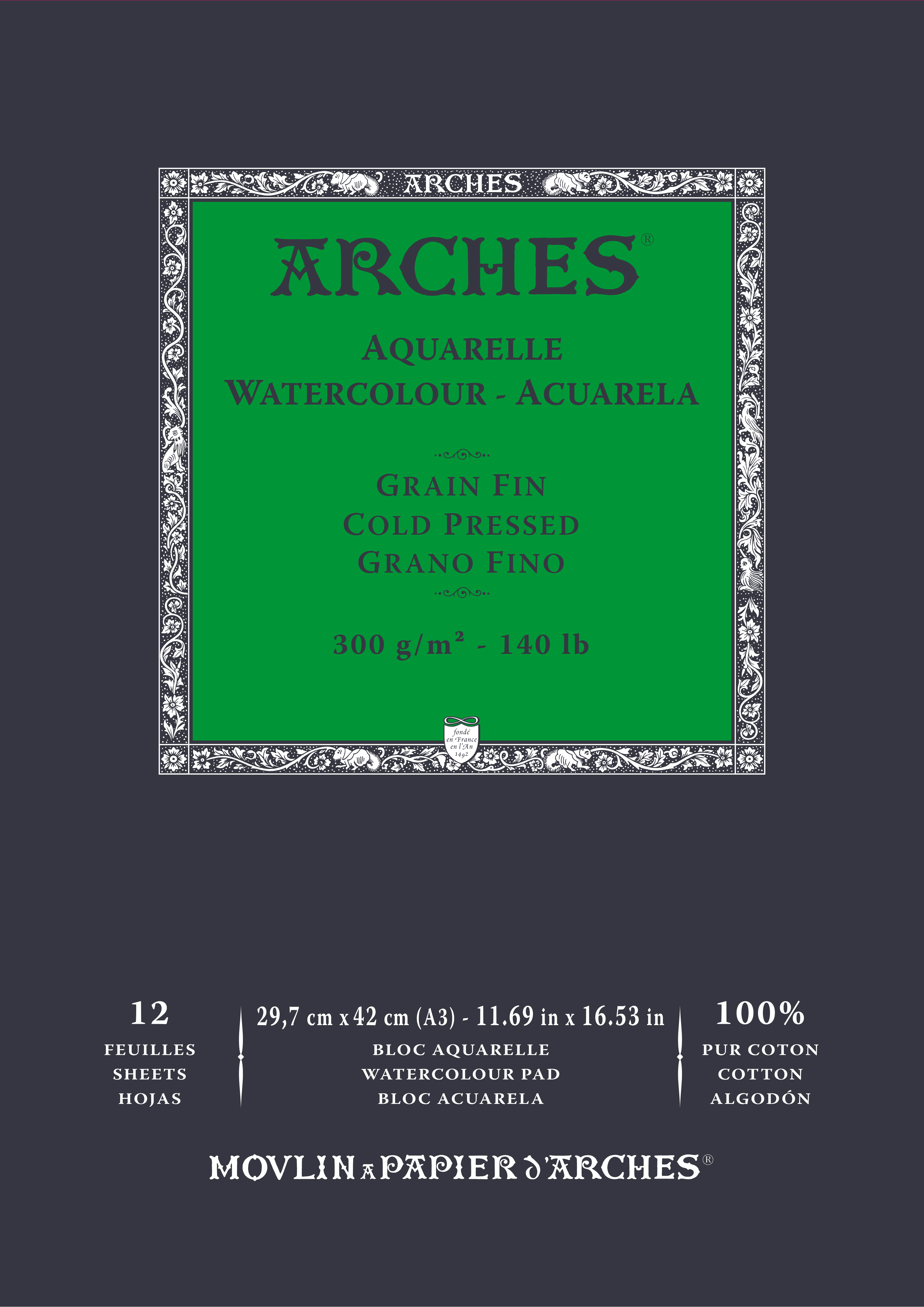 Arches 100% Cotton 300 gsm Watercolour Paper Cold Pressed x 12 sheets - A3 29.7 x 42 cm (11.69 x 16.53 inches)