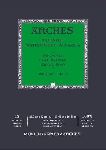 Arches 100% Cotton 300 gsm Watercolour Paper Cold Pressed x 12 sheets - A3 29.7 x 42 cm (11.69 x 16.53 inches)