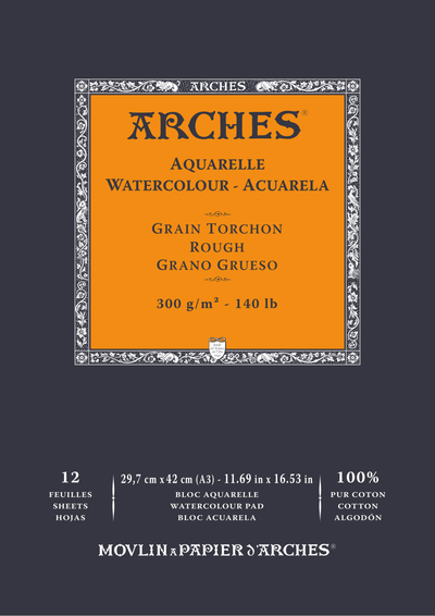 Arches 100% Cotton 300 gsm Watercolour Paper Rough x 12 sheets - A3 29.7 x 42 cm