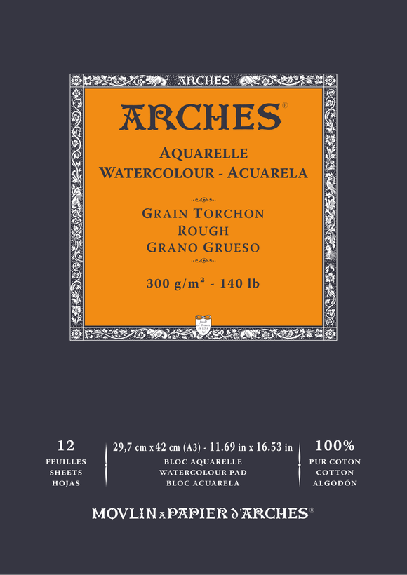 Arches 100% Cotton 300 gsm Watercolour Paper Rough x 12 sheets - A3 29.7 x 42 cm