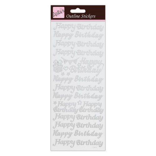 Peel Off Sticker Sheet Happy Birthday Silver on White