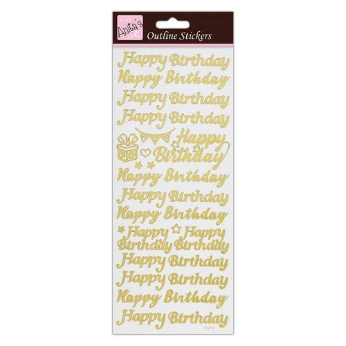 Peel Off Sticker Sheet Happy Birthday Gold on White