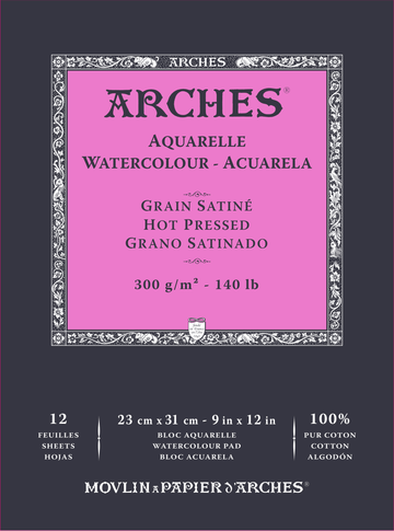 Arches 100% Cotton 300 gsm Watercolour Paper Hot Pressed Satine x 12 sheets