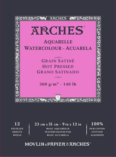 Arches 100% Cotton 300 gsm Watercolour Paper Hot Pressed Satine x 12 sheets