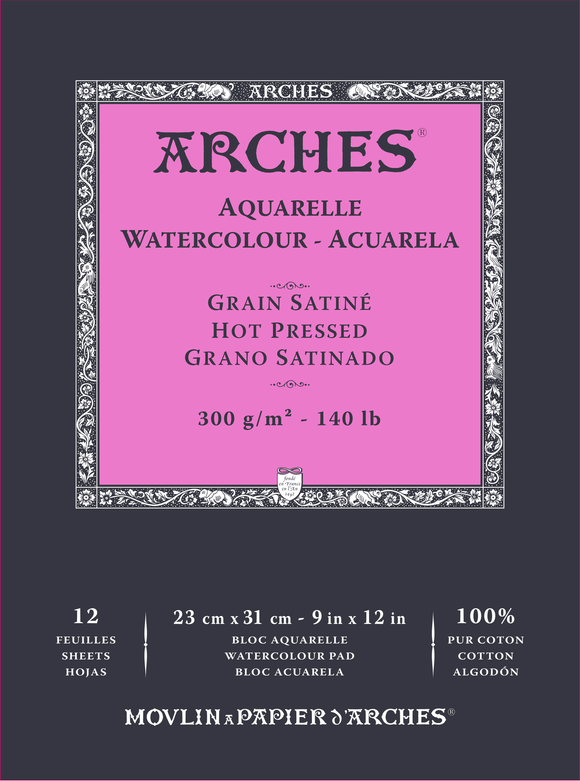 Arches 100% Cotton 300 gsm Watercolour Paper Hot Pressed Satine x 12 sheets