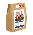 Kraft paper gift box with 'Flopsy, Mopsy and Cotton-tail' needle felting kit on a white background