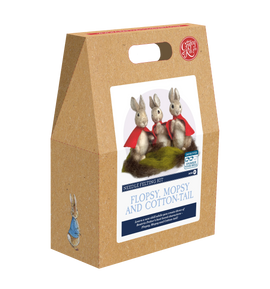 Kraft paper gift box with 'Flopsy, Mopsy and Cotton-tail' needle felting kit on a white background