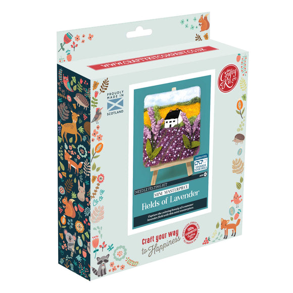 Packaging of a needle felting kit with a scenic design on a white background