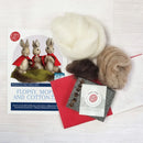 Needle felting kit with wool roving, felted items, and a booklet on a white background