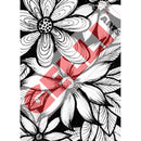 Floral design with red and white abstract elements on a black background