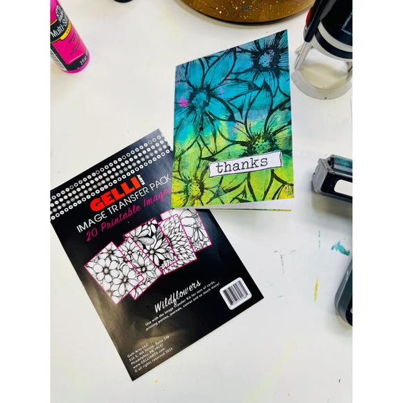Gelli Arts product with a floral design and 'thanks' text on a white surface.