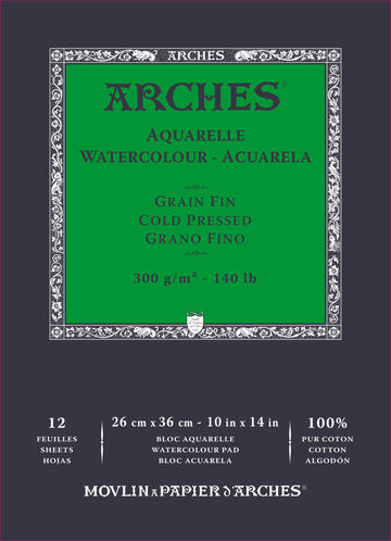 Arches 100% Cotton 300 gsm Watercolour Paper Cold Pressed Gummed Pad 10 x 14 inches 