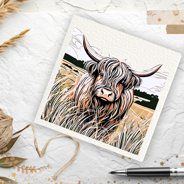 Card with a highland cow illustration on a textured surface with twine and pen.