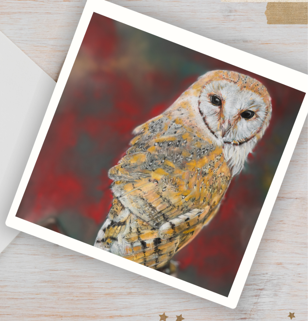 Barn Owl Pastel Painting Print Greetings Card & Envelope